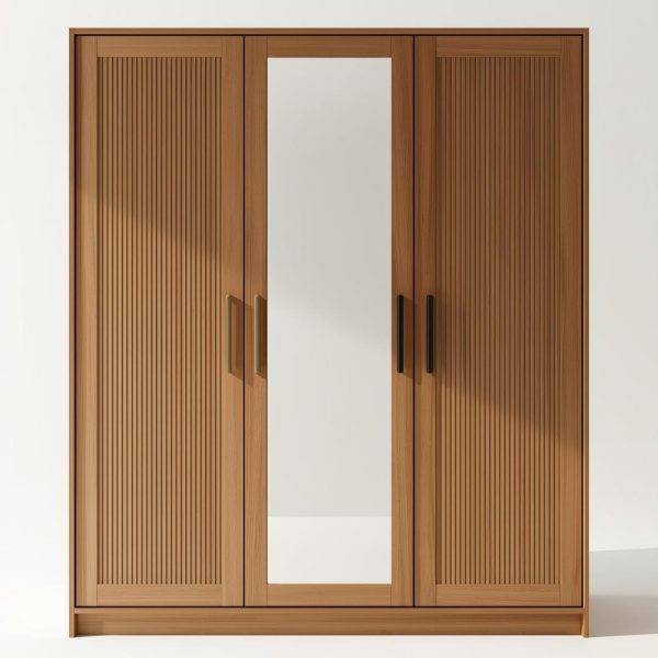 Segun FluteMirror™ 3-Door Premium Teak Wardrobe (Center Mirror, Ribbed Slat Doors)